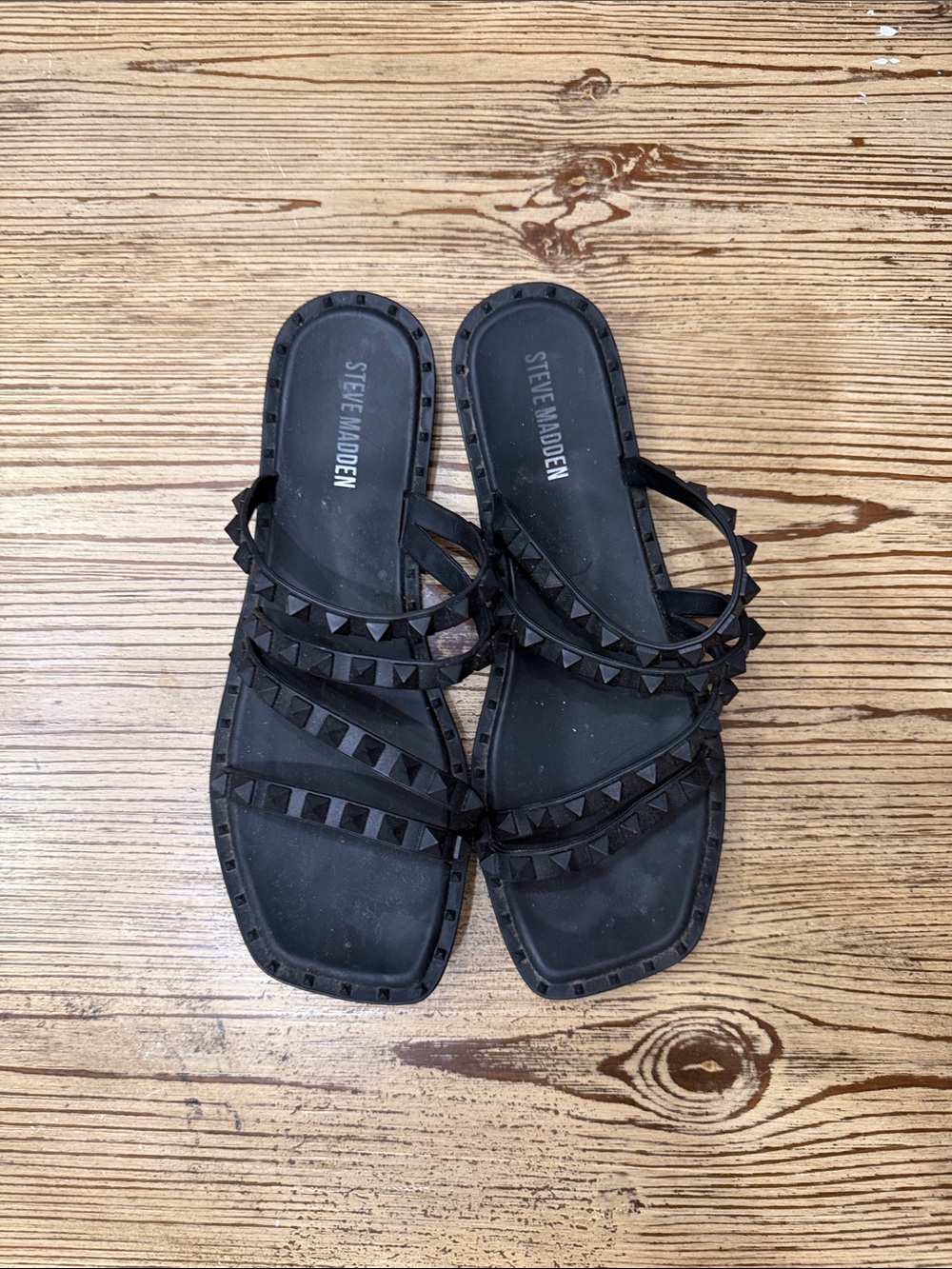 Steve Madden Black Pyramid-Stud Slide Sandals